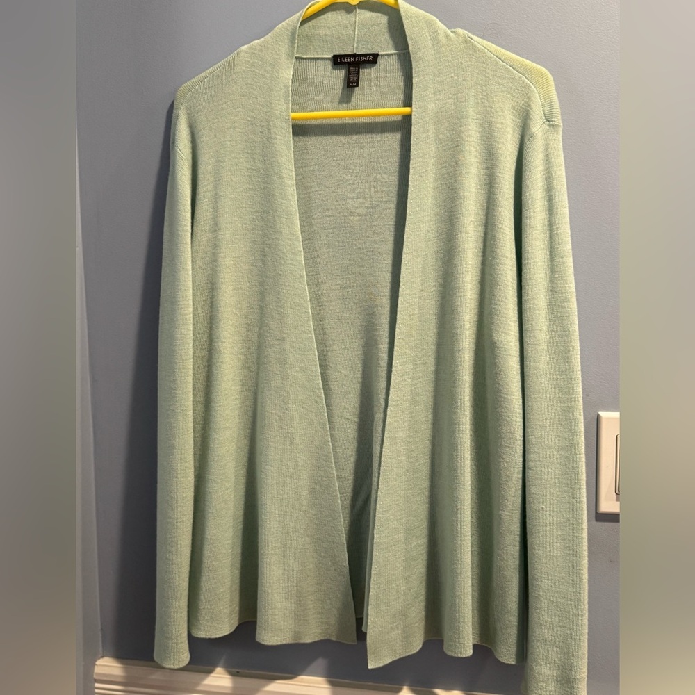 Eileen Fisher M-size light green Merino wool cardigan, soft, lush and cozy